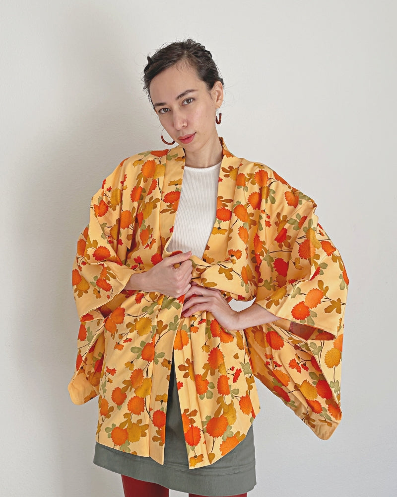 Orange mum floral Haori Kimono Jacket
