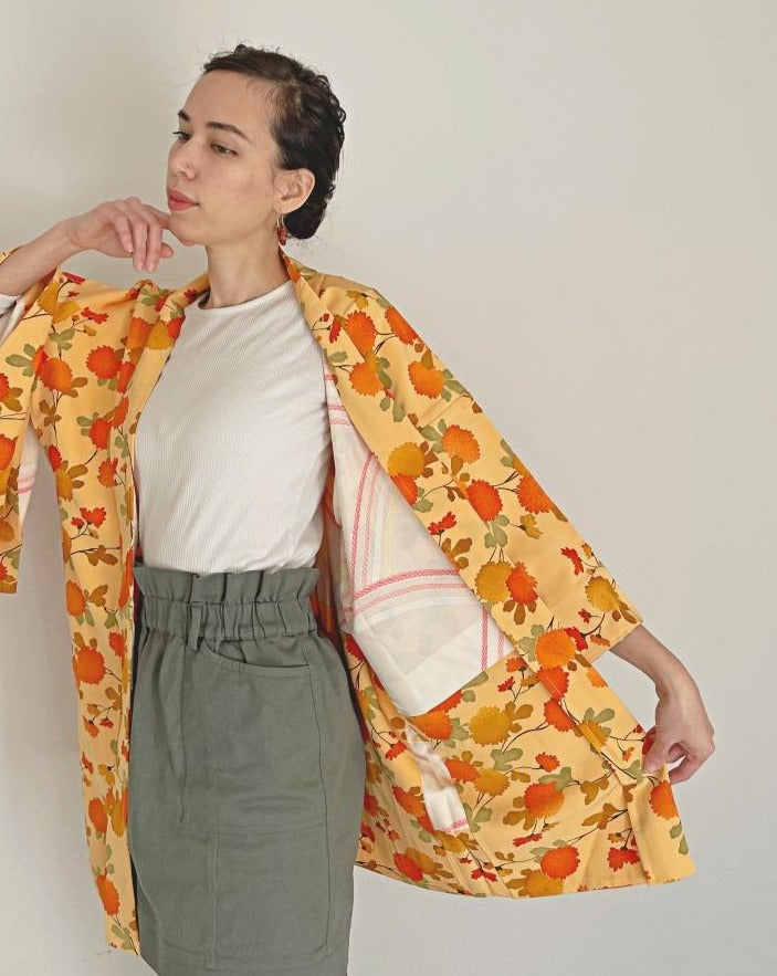 Orange mum floral Haori Kimono Jacket