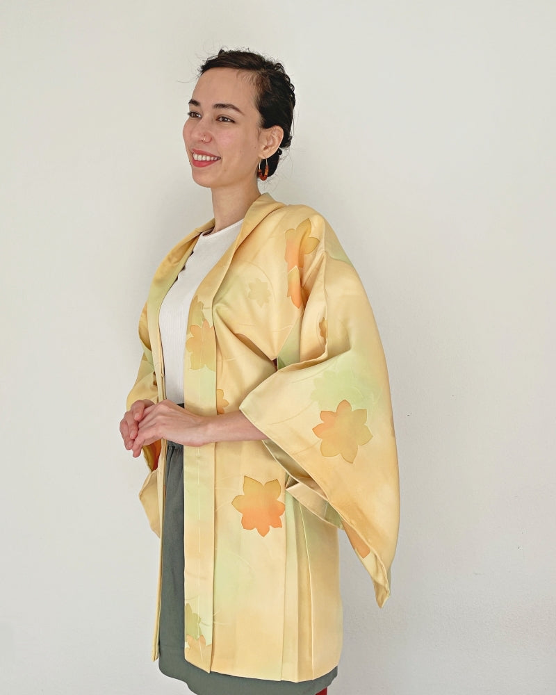Maple Leaves on Soft Yellow Gold Haori Kimono Jacket