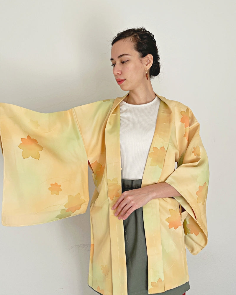 Maple Leaves on Soft Yellow Gold Haori Kimono Jacket