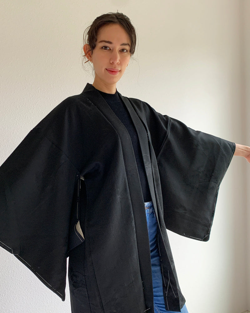 Forest Textured Black Haori Kimono Jacket