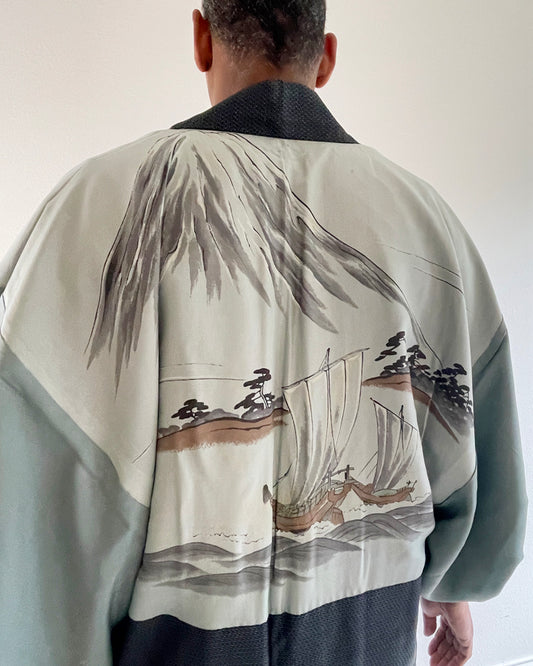 Mount Fuji and the Ship Oshima Tsumugi Haori Kimono Jacket