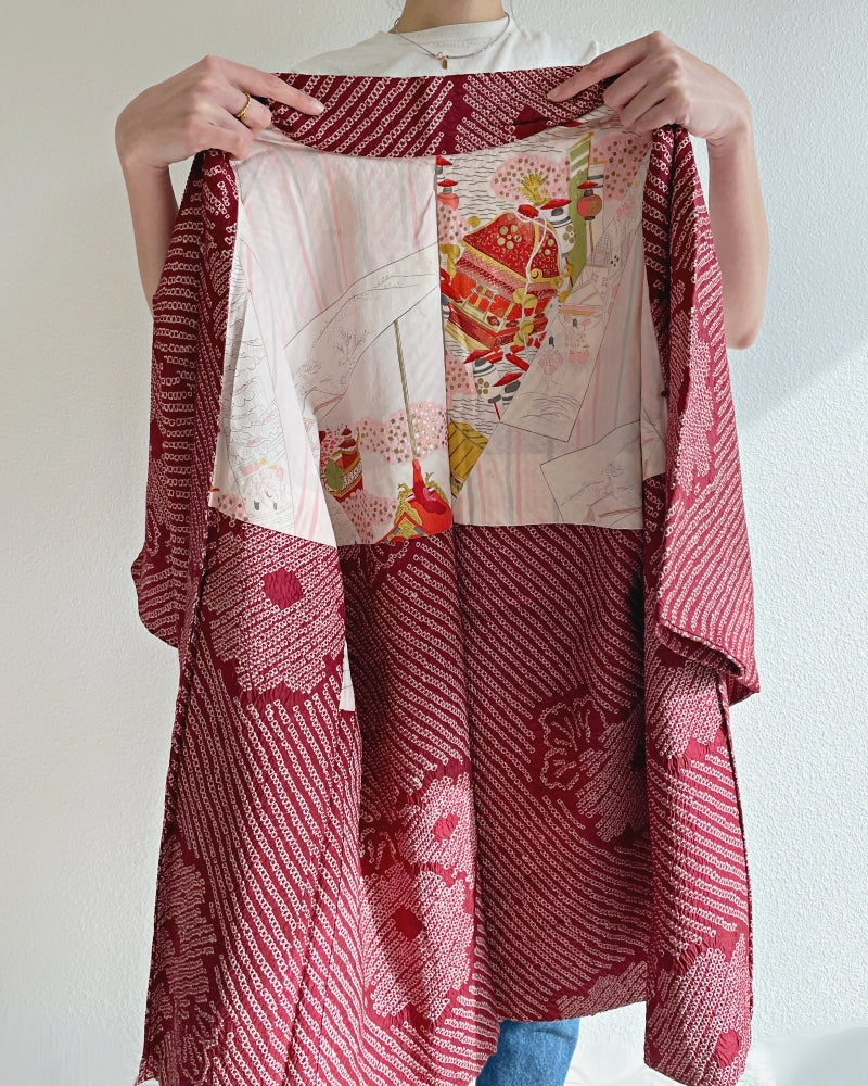 Flower Maroon Red  Shibori Haori Kimono Jacket